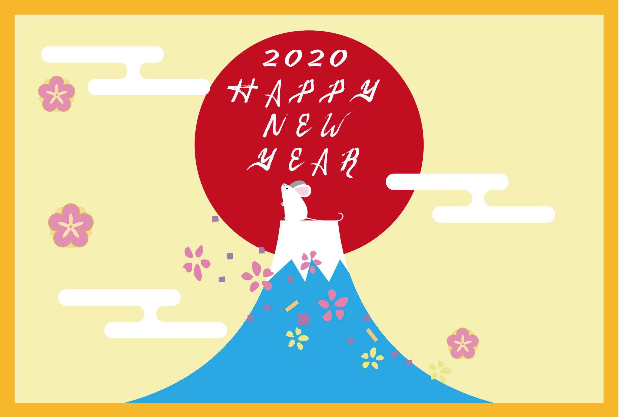 2020年　年賀状　富士山の頂上で空を見上げる白いネズミ